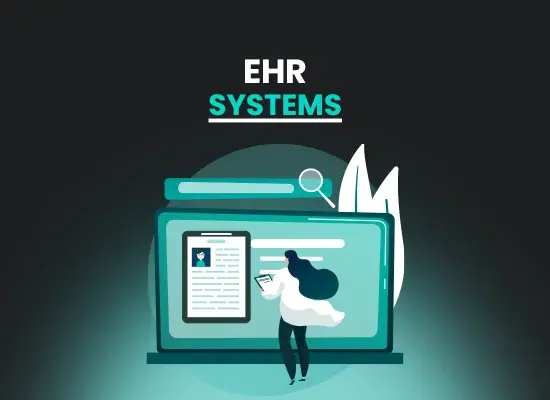 Illustration of EHR Systems with a person interacting with a digital interface.