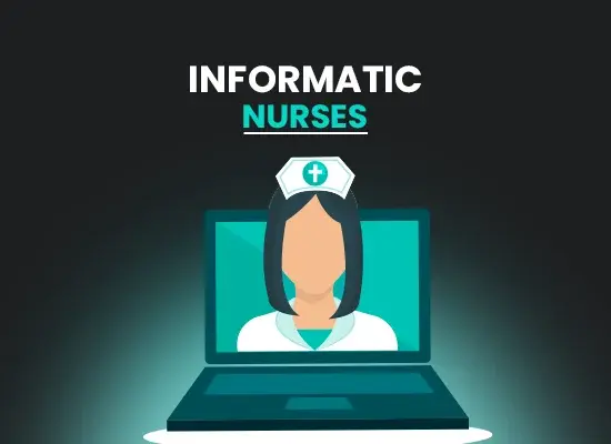 Illustration of a nurse displayed on a laptop screen with the text 'Informatic Nurses' above it.