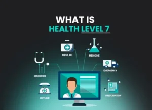 Illustration explaining Health Level 7 (HL7) with healthcare elements.