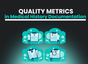 Blog thumbnail titled ‘Quality Metrics in Medical History Documentation’ featuring four medical-themed icons with doctors and clipboards on a dark background.